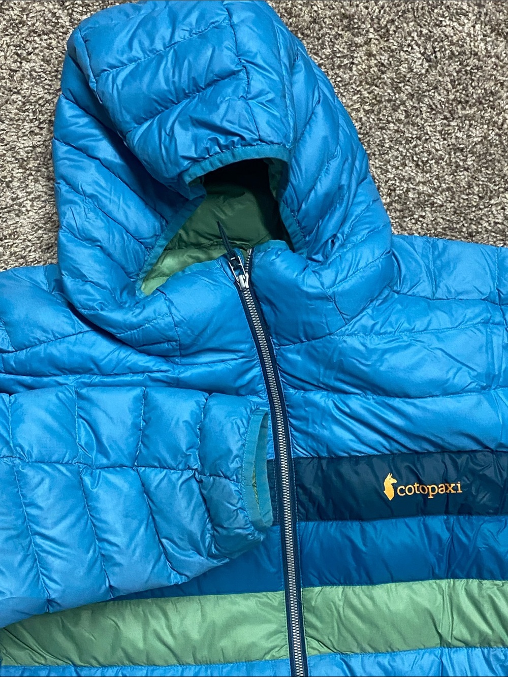 cotopaxi Blue Hooded Puffer Jacket Green and Navy Stripes Men’s Size 2XL - 1511 - Picture 11 of 15
